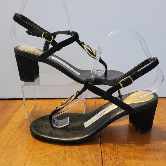 Olivia Rose Tal Shoes - Black Strap Thong Block Heel Sandal w Crystal